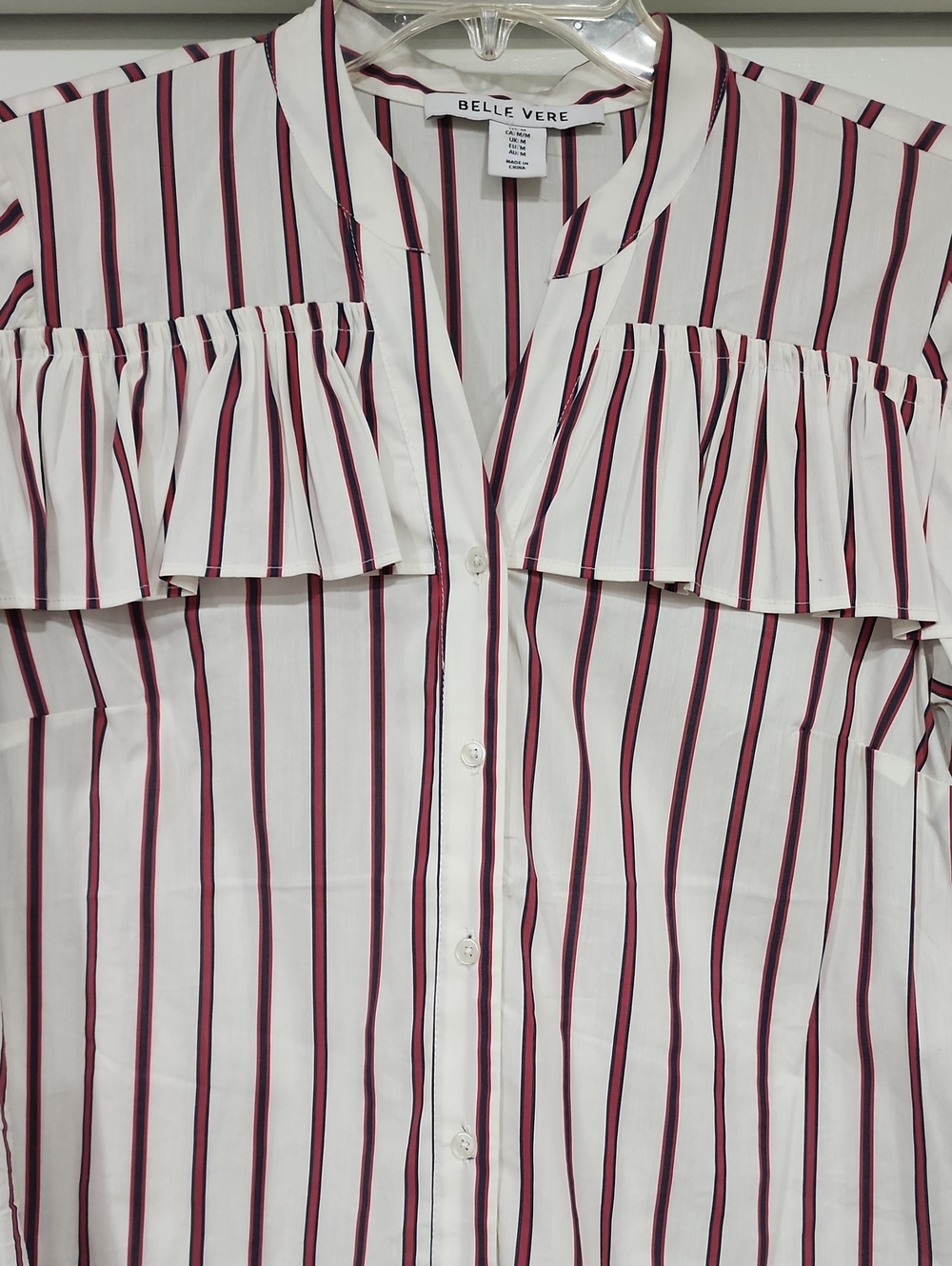 Belle Vere White Button-Up Shirt with Burgundy Stripes and Ruffle Yoke